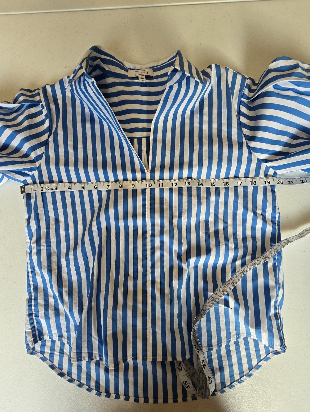 AYR Capeside Striped Puff Sleeve V-neck Popover Top Blue Stripe Women'a Small - Picture 5 of 10